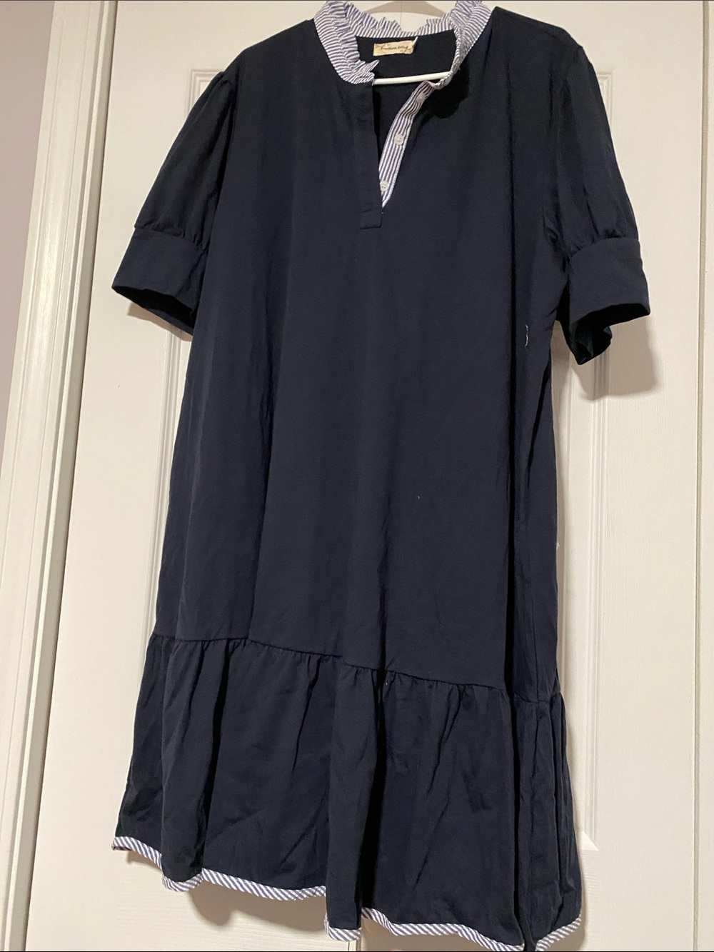 Navy Short-Sleeve Ruffle Hem Dress